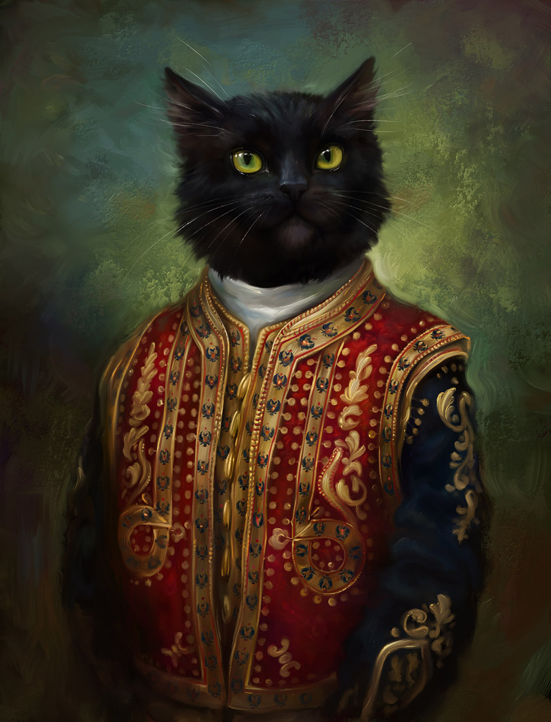 Chat noir aux yeux verts en veste brodée rouge et or