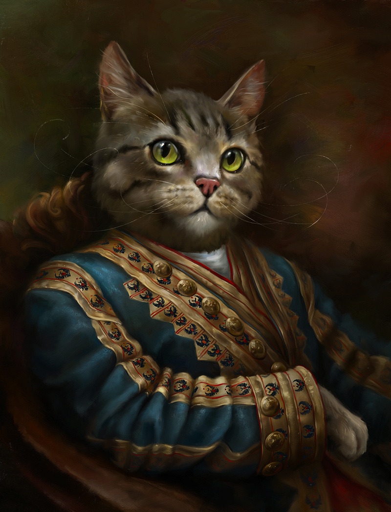 Portrait d'un chat tigré en habit bleu brodé d'or